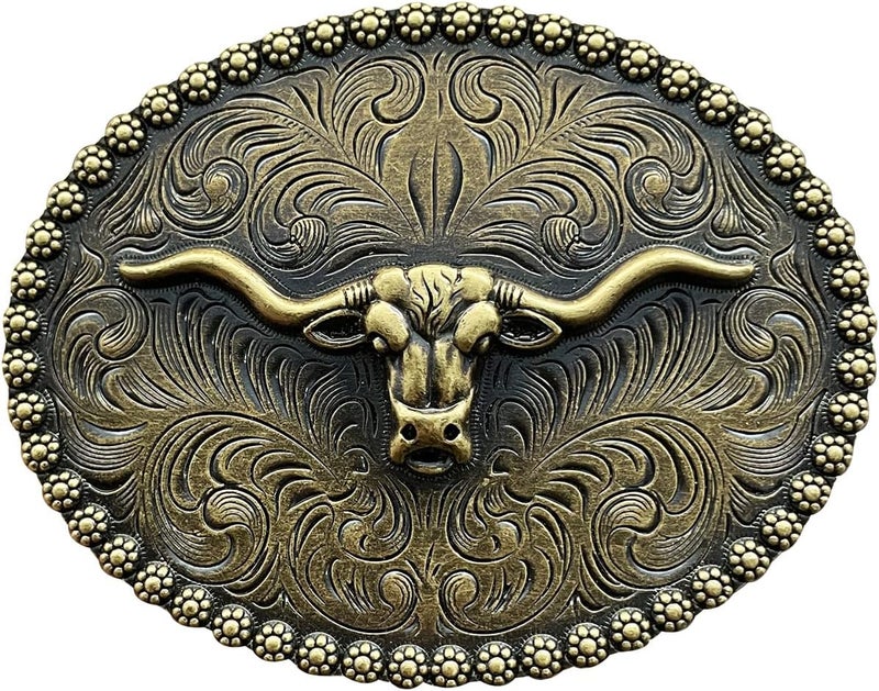 YOQUCOL American Western Cowboy Belt Buckle Bronze Longhorn Bull Head Belt Buckle For Men - Image 1